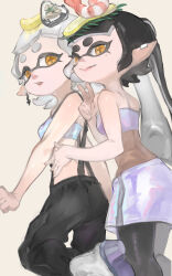  2girls bare_shoulders black_hair black_pants black_pantyhose blue_tube_top blunt_bangs breasts callie_(splatoon) chain_earrings chains clenched_hand closed_mouth cowboy_shot cross-shaped_pupils food food_on_head fruit ga4me4 grey_footwear grey_hair hand_on_another&#039;s_waist hand_up highres holographic_clothing inkling lemon lemon_slice long_hair looking_at_viewer marie_(splatoon) medium_hair miniskirt mole mole_under_eye multiple_girls object_on_head official_alternate_costume official_alternate_hairstyle orange_eyes oyster pants pantyhose parted_lips pencil_skirt pointy_ears purple_tube_top shrimp sidelocks skirt small_breasts smile splatoon_(series) splatoon_3 standing standing_on_one_leg strapless suspenders symbol-shaped_pupils thick_eyebrows tube_top twintails v zipper_skirt 