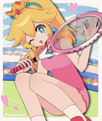  :d blonde_hair blue_eyes border bright_pupils brooch crown dress female halftone heart high_ponytail highres jewelry legs looking_at_viewer mario_(series) mario_tennis mario_tennis_aces mayura_nebo one_eye_closed open_mouth outside_border ponytail princess_peach racket short_dress sleeveless sleeveless_dress smile socks solo tareme tennis_racket twitter_username white_border white_pupils 