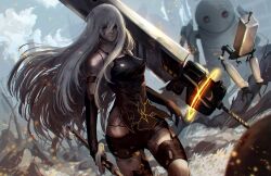  a2_(nier:automata) absurdres android arms_at_sides bare_shoulders black_dress black_gloves black_shorts blue_eyes blurry breasts cloud cloudy_sky commentary cowboy_shot curvy day depth_of_field dirty dirty_face dress elbow_gloves english_commentary female fighting_stance floating_hair gloves grey_hair hair_between_eyes highres holding holding_sword holding_weapon jesse_schickler katana large_breasts light_particles lips long_hair looking_at_viewer looking_to_the_side nier:automata nier_(series) nose outdoors parted_lips serious short_dress shorts sky sleeveless sleeveless_dress solo spaghetti_strap straight_hair sword v-shaped_eyebrows very_long_hair weapon 