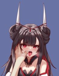  absurdres azur_lane bare_shoulders black_hair blue_background blush colored_inner_hair commander_(azur_lane) english_commentary fangs female hatsuzuki_(azur_lane) highres horns long_hair looking_at_viewer multicolored_hair open_mouth red_eyes red_hair simple_background starving_for_more tongue tongue_out upper_body 