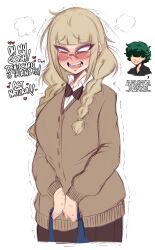  1boy 1girls blonde_hair blush braided_hair dialogue embarrassed english_text female funny glasses green_hair heavy_blush hi_res himiko_toga izuku_midoriya long_hair looking_away male my_hero_academia role_reversal saltyxodium white_background 