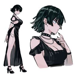  absurdres black_dress black_footwear black_hair black_nails breasts choker dress ear_piercing earrings female fingernails from_side fubuki_(one-punch_man) full_body green_eyes high_heels highres jewelry one-punch_man piercing sharp_fingernails short_hair side_slit spiked_choker spikes thighs zeon_(zzeeonn) 