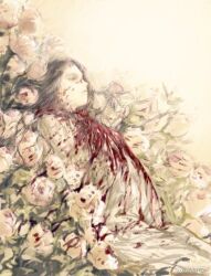  ayez black_eyes black_hair blood blood_on_clothes blood_spray closed_mouth commentary cowboy_shot dress expressionless female flower long_dress long_hair lying on_back original rose solo symbol-only_commentary weibo_watermark white_background white_dress white_flower white_rose 