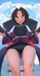  absurdres awkward bare_legs black_hair blue_archive blue_sky blurry blurry_background blush breasts cloud commentary_request day female from_below halo happi highres japanese_clothes looking_at_viewer moori333 nervous_smile oerba_yun_fang open_happi open_mouth pink_halo pov red_happi rickshaw rickshaw_student_(blue_archive) skin_fang skin_tight sky small_breasts smile solo sweat tan thighs towel towel_around_neck undershirt wheel white_towel yellow_eyes 