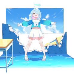  ^_^ absurdres aqua_halo arona_(blue_archive) bare_legs blue_archive blue_hair blue_sky bow bow_hairband braid broken_wall choker closed_eyes cloud cloudy_sky colored_inner_hair commentary_request cropped_shirt desk dot_nose facing_viewer female floating_hair full_body hair_over_one_eye hairband halo high-waist_skirt highres light_blue_hair light_blush long_sleeves medium_hair midriff_peek multicolored_hair okimiyage open_mouth outstretched_arms pink_hair pleated_skirt puffy_long_sleeves puffy_sleeves sailor_collar school_desk shadow shoes single_braid skirt sky sleeve_cuffs sneakers teeth two-tone_hair upper_teeth_only white_bow white_choker white_footwear white_hairband white_sailor_collar white_skirt 