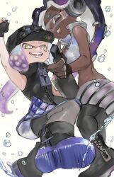  2girls ankle_boots arm_up bare_shoulders baseball_cap black_dress black_footwear black_gloves black_hair black_hat black_pantyhose black_shorts blue_eyes boots breasts cephalopod_eyes cleavage clenched_hand crop_top dark-skinned_female dark_skin dress fangs fingerless_gloves furrowed_brow ga4me4 gloves gradient_hair grin hat headphones highres holding holding_instrument holographic_clothing horizontal_pupils inkling instrument keytar long_hair marina_(splatoon) medium_breasts medium_hair midriff mole mole_under_mouth multicolored_hair multiple_girls octoling official_alternate_costume open_mouth pantyhose pantyhose_under_shorts pearl_(splatoon) pink_hair purple_hair red_pupils shirt shorts shorts_under_dress sleeveless sleeveless_dress smile splatoon_(series) splatoon_3 star-shaped_pupils star_(symbol) striped_clothes striped_shorts suction_cups symbol-shaped_pupils tentacle_hair thick_eyebrows two-tone_hair water_drop white_hair white_shirt white_shorts yellow_eyes zipper zipper_pull_tab 