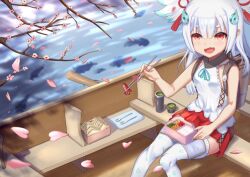  alternate_costume aqua_hair backpack bag bento boat cherry_blossoms chopsticks cross-laced_clothes cross-laced_skirt falling_petals female food food_art fork green_tea hair_flaps holding holding_chopsticks kitana_kumo lake long_hair magatama_hair_ornament multicolored_hair oar oerba_yun_fang open_mouth outdoors petals red_eyes rice sandwiched second-party_source shadow shirt skin_fang skirt sleeveless smile solo sparkle spoon tako-san_wiener tassel tea tenka_hyakken thermos thick_eyebrows thighhighs tsuda_echizen-no-kami_sukehiro two-tone_hair watercraft white_hair white_shirt white_thighhighs 