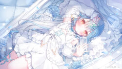  aqua_bow aqua_flower aqua_hair aqua_ribbon blush bow copyright_notice detached_sleeves dress female flower frilled_dress frilled_pillow frills hand_on_own_head long_hair looking_at_viewer lying multicolored_hair nijisanji omochi_monaka on_back pillow red_eyes ribbon sample_watermark solo twisty_amanozako very_long_hair virtual_youtuber watermark white_bow white_dress white_flower white_hair white_sleeves 