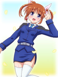  blue_eyes blue_necktie blush breasts brown_hair female highres jewelry looking_at_viewer lyrical_nanoha mahou_shoujo_lyrical_nanoha mahou_shoujo_lyrical_nanoha_a&#039;s military_uniform necklace necktie open_mouth raising_heart short_hair small_breasts smile solo takamachi_nanoha thighhighs tsab_naval_military_uniform twintails uniform white_thighhighs yosuzu 