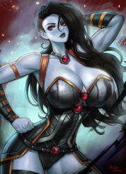  armlet armor armpits artist_name bare_shoulders black_hair blue_skin bracelet breasts cleavage collarbone colored_skin cowboy_shot dc_comics earrings elbow_gloves eyeshadow female gauntlets gloves glowing grail_(dc_comics) hand_on_own_hip jewelry kyopink large_breasts lips lipstick long_hair looking_at_viewer makeup navel necklace nose parted_lips red_eyes signature smile solo standing tattoo thighhighs thighs watermark weapon wonder_woman_(series) 