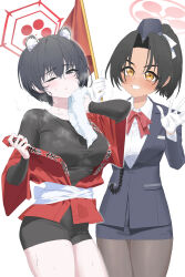  2girls absurdres animal_ears black_hair black_hat black_pantyhose blue_archive blush bow bowtie breasts commentary_request cosplay costume_switch extra_ears flag garrison_cap ghdwid gloves grey_eyes hair_between_eyes halo happi hat highres holding holding_flag holding_towel japanese_clothes large_breasts long_sleeves looking_at_viewer multiple_girls official_alternate_costume one_eye_closed open_happi pantyhose pencil_skirt ponytail raccoon_girl red_bow red_bowtie red_flag red_halo red_happi rickshaw_student_(blue_archive) shirt short_hair simple_background skirt small_breasts smile steam steaming_body sweat sweat_stain sweaty_clothes tour_guide towel tsubaki_(blue_archive) tsubaki_(guide)_(blue_archive) undershirt white_background white_gloves white_shirt white_towel wiping_face wiping_sweat yellow_eyes 