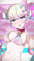  :d absurdres animal_ears animal_hands archi_(aruki) bell bikini blonde_hair blue_bow blue_eyes blue_hair blush bow breasts breath cat_ears chouzetsusaikawa_tenshi-chan collar fake_animal_ears female gloves hairbow highres holographic_clothing jingle_bell large_breasts long_hair multicolored_hair multiple_hair_bows navel needy_girl_overdose oerba_yun_fang paw_gloves pink_bow pink_collar pink_gloves pink_hair purple_bow purple_hair quad_tails skin_fang smile solo sweatdrop swimsuit very_long_hair 