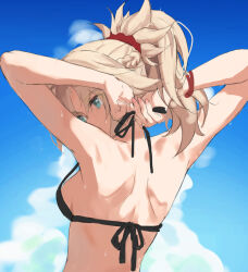  bikini black_bikini blonde_hair blue_sky braid breasts cloud cloudy_sky fate/apocrypha fate/grand_order fate_(series) female green_eyes hair_ornament hair_scrunchie half_up_braid highres mordred_(fate) mordred_(swimsuit_rider)_(fate) parted_bangs ponytail red_scrunchie scrunchie sidelocks sky small_breasts solo swimsuit tonee tying tying_bikini unfinished 