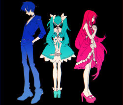  1boy 2girls acute_(vocaloid) amour_(module) arms_behind_back black_background blue_eyes blue_hair choker chromatic_aberration commentary_request dress from_behind from_side full_body green_hair guilty_(module) hair_between_eyes hair_ribbon hands_in_pockets hatsune_miku high_heels holding holding_knife innocent_(module) kaito_(vocaloid) kiii_4590 knife long_hair looking_down megurine_luka multiple_girls own_hands_together pants pink_hair profile puffy_short_sleeves puffy_sleeves ribbon short_hair short_sleeves standing twintails very_long_hair vocaloid 