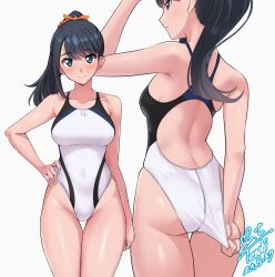  adjusting_clothes adjusting_swimsuit alternate_costume ass back back_cutout black_hair blue_eyes blush breasts circle_cutout closed_mouth clothing_cutout commission competition_swimsuit covered_navel cowboy_shot female from_behind gridman_universe groin hand_on_own_hip high_ponytail highleg highleg_one-piece_swimsuit highres long_hair medium_breasts multiple_views one-piece_swimsuit parted_lips pixiv_commission ponytail revision simple_background smile ssss.gridman swimsuit takarada_rikka thigh_gap thighs variant_set white_background white_one-piece_swimsuit yoo_tenchi 