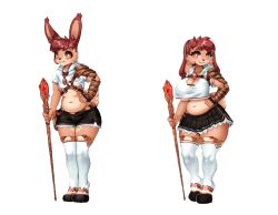  anthro armor belly big_breasts boots bottomwear breasts clothed clothing crop_top duo female fully_clothed gender_transformation hands_on_hips healer jewelry kenoxpictures lagomorph legwear leporid male mammal navel necklace orange_eyes rabbit rabbit_ears scut_tail shirt short_tail shorts skirt slightly_chubby smile staff tail thigh_boots thigh_highs topwear transformation 