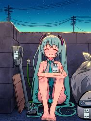  :d absurdres aqua_hair aqua_nails aqua_necktie aqua_trim bare_shoulders barefoot black_skirt blush brick_wall closed_eyes collared_shirt commentary_request dirty dirty_face dirty_feet facing_viewer female grey_shirt gutter hagurumamituki hair_ornament hatsune_miku highres hose junk long_hair nail_polish necktie night night_sky number_tattoo open_mouth outdoors power_lines shirt shoulder_tattoo sitting skirt sky sleeveless sleeveless_shirt smile solo star_(sky) starry_sky tattoo toenail_polish toenails translation_request trash_bag twintails utility_pole very_long_hair vocaloid 