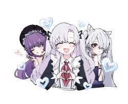  3girls azur_lane bare_shoulders black_bonnet bonnet braid breasts closed_eyes cone_hair_bun grey_hair hair_bun hair_horns hair_over_one_eye heart heart_hands highres kiev_(azur_lane) kiev_(backstreet_silver_sonata)_(azur_lane) long_hair looking_at_viewer multiple_girls official_alternate_costume ognevoy_(azur_lane) one_eye_closed one_eye_covered open_mouth pioneer_neckerchief pubic_hair red_eyes school_uniform simple_background small_breasts soviet_school_uniform tashkent_(azur_lane) tashkent_(the_sprite&#039;s_snapshot)_(azur_lane) tsuchi_(xger4434) twin_braids upper_body very_long_hair white_background 