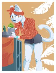  absurd_res anthro bandana bottomwear clothed clothing collared_shirt crystal cutoffs daisy_dukes denim denim_bottomwear denim_clothing domestic_cat feathers felid feline felis female hi_res hotpants kerchief looking_at_viewer mammal miss_kitty_(passionatefloorromance) plant plant_pot potted_plant shorts solo succulent uzon white_body 