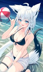  absurdres ball beach beachball bikini bikini_under_clothes black_bikini black_tail breasts cleavage collarbone denim denim_shorts female fox_shadow_puppet highres hololive medium_breasts navel ocean partially_submerged sand shirakami_fubuki short_shorts shorts solo swimsuit togemaru34 two-tone_tail virtual_youtuber water white_hair white_shorts white_tail 