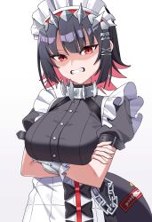  angry apron black_bow black_dress black_hair bow breast_hold breasts buttons clenched_teeth collar colored_inner_hair crossed_arms dress ellen_joe female fins fish_tail frilled_apron frills gloves hair_ornament hairclip highres looking_at_viewer maid maid_apron maid_headdress metal_collar metal_hairband mole mole_under_eye multicolored_hair noa_(noa01010) pink_hair puffy_short_sleeves puffy_sleeves red_eyes shaded_face shark_tail sharp_teeth short_hair short_sleeves simple_background single_glove tail teeth tsurime turtleneck turtleneck_dress two-tone_hair v-shaped_eyebrows white_apron white_background white_gloves x_hair_ornament zenless_zone_zero 