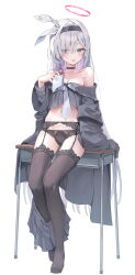  black_choker black_coat black_eyes black_garter_belt black_hairband black_panties black_serafuku black_thighhighs blue_archive braid choker clothes_pull coat colored_inner_hair desk female full_body garter_belt hair_over_one_eye hairband halo highres huwari_(dnwls3010) lace-trimmed_garter_belt lace-trimmed_panties lace_trim looking_at_viewer multicolored_hair navel neckerchief off_shoulder on_desk panties pink_halo plana_(blue_archive) red_halo red_pupils ribbon school_uniform serafuku single_braid sitting skirt skirt_around_one_leg skirt_pull solo thighhighs underwear white_background white_choker white_neckerchief white_ribbon 