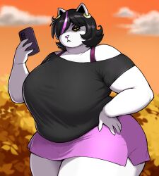  absurd_res alternative_fashion anthro big_breasts black_eyeshadow black_hair bottomwear breasts catti_(deltarune) cellphone clothed clothing curvy_figure deltarune domestic_cat ear_piercing ear_ring electronics eliphusz eyeliner eyeshadow felid feline felis female fully_clothed fur goth hair hair_over_eye hi_res holding_cellphone holding_object holding_phone holding_smartphone huge_breasts huge_thighs makeup mammal overweight overweight_anthro overweight_female phone piercing ring_piercing shirt skirt sky smartphone solo spaghetti_strap sunset t-shirt thick_thighs topwear undertale_(series) voluptuous_anthro voluptuous_female white_body white_fur 