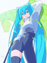  absurdres aqua_eyes arm_behind_head arm_up aroe_(xx_aroe_xx) asymmetrical_bodysuit blue_hair boots commentary cowboy_shot female flag flagpole from_below gloves goodsmile_racing green_flag green_gloves hatsune_miku highres holding holding_flag holding_pole looking_at_viewer open_mouth pole racing_miku racing_miku_(2022) simple_background single_leg_bodysuit single_thigh_boot thigh_boots twintails two-tone_gloves vocaloid white_background 