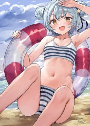  arm_up armpits artist_name bare_arms bare_shoulders beach bikini blush breasts cloud cloudy_sky commentary_request double_bun female grey_hair hair_bun hair_ornament highres holding holding_swim_ring kantai_collection looking_at_viewer mizuta_kenji navel oerba_yun_fang official_alternate_costume on_ground open_mouth outdoors samuel_b._roberts_(kancolle) sand short_hair sitting sky small_breasts smile solo star_(symbol) star_hair_ornament stomach striped_bikini striped_clothes swim_ring swimsuit tareme twitter_username two-tone_bikini white_bikini yellow_eyes 