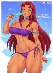  abs armlet artist_name bikini blush bracelet breasts cheekie choker colored_sclera colored_skin covered_nipples dc_comics english_text female food green_eyes green_sclera highres holding holding_food holding_ice_cream ice_cream jewelry long_hair looking_at_viewer medium_breasts muscular muscular_female nail_polish navel open_mouth orange_skin pink_nails purple_bikini red_hair side-tie_bikini_bottom solo starfire swimsuit teen_titans thick_thighs thighs underboob wide_hips 