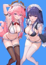  2girls :d animal_ears arm_behind_head arm_garter armpits bikini black_bikini black_thighhighs blue_background blush bow breasts bridal_garter cleavage collar detached_sleeves earrings floppy_ears flower fox_ears frilled_bikini frills front-tie_bikini_top front-tie_top genshin_impact hair_between_eyes hair_ornament hairbow hamahama highres jewelry large_breasts layered_bikini long_hair looking_at_viewer low-tied_long_hair maid maid_bikini maid_headdress mole mole_under_eye multiple_girls navel open_mouth pink_hair purple_eyes purple_flower purple_hair raiden_shogun red_bikini smile swimsuit thighhighs unconventional_maid very_long_hair white_bikini white_thighhighs yae_miko 