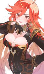  ahoge biker_clothes bikesuit black_bikesuit blush bodysuit breasts cleavage earrings enipa_28 female genshin_impact hand_on_own_hip highres jewelry large_breasts long_hair looking_at_viewer mavuika_(genshin_impact) multicolored_hair open_mouth orange_eyes orange_hair red_hair revision simple_background smile solo sun_earrings sweat two-tone_eyes two-tone_hair very_long_hair white_background 