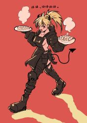  apron black_apron black_footwear black_jacket black_pants blonde_hair boots breasts cropped_jacket dorohedoro female food full_body gaako_illust highres holding holding_food jacket looking_at_viewer medium_breasts nikaidou_(dorohedoro) open_clothes open_jacket open_mouth pants ponytail red_background red_eyes shadow sideboob solo translation_request walking 