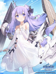  azur_lane bare_shoulders breasts cleavage criss-cross_halter dress female flight_deck hair_bun halterneck highres long_hair official_art pantyhose purple_eyes purple_hair single_hair_bun single_side_bun small_breasts solo stuffed_winged_unicorn unicorn_(azur_lane) very_long_hair vilor white_dress white_pantyhose 