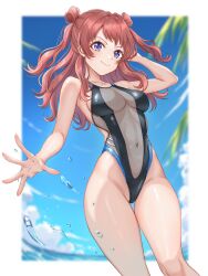  bare_shoulders beach blue_eyes blue_sky blurry blurry_background blush breasts closed_mouth competition_swimsuit covered_navel cowboy_shot double_bun female gakuen_idolmaster groin hair_bun hanami_saki highleg highleg_one-piece_swimsuit highres idolmaster long_hair looking_at_viewer navel one-piece_swimsuit outdoors paid_reward_available red_hair see-through see-through_one-piece_swimsuit sky smile solo standing swimsuit tsukiyuki_mike two_side_up water 