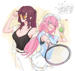  2girls alternate_costume ball black_tank_top blue_eyes blue_shirt breasts cleavage cropped_legs doodle_inset eden_(honkai_impact) elf elysia_(honkai_impact) elysia_(miss_pink_elf)_(honkai_impact) hat heart highres holding holding_ball holding_tennis_racket honkai_(series) honkai_impact_3rd kissing large_breasts multiple_girls pants pink_hair pointy_ears ponytail racket red_hair shirt skirt smile sportswear sunglasses tank_top tennis_ball tennis_racket tennis_uniform white_hat white_pants white_skirt yaro_yk yellow_background yellow_eyes 