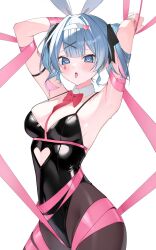  animal_ears arms_up black_leotard blush bound bow bowtie bright_pupils center-flap_bangs clothing_cutout covered_navel cowboy_shot cutout_above_navel detached_collar detached_sleeves female hair_ornament hairbow hatsune_miku heart heart-shaped_pupils heart_cutout heart_hair_ornament highres leotard looking_at_viewer multicolored_hair multiple_hair_bows pantyhose pink_pupils pink_ribbon playboy_bunny rabbit_ears rabbit_hole_(vocaloid) red_bow red_bowtie ribbon ribbon_bondage short_hair simple_background sumi_(mizuoisiiii) symbol-shaped_pupils teardrop_facial_mark tongue tongue_out twintails vocaloid white_background x_hair_ornament 