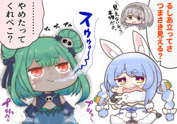  3girls :&gt; animal_ears black_gloves blue_hair bow braid carrot_hair_ornament commentary_request crown_braid crying don-chan_(usada_pekora) double_bun duplicate flat_chest food-themed_hair_ornament fur-trimmed_gloves fur_trim gloves gradient_hair green_eyes green_hair grey_hair hair_bun hair_ornament hairbow hololive matarou_(matarou072) medium_hair multicolored_eyes multicolored_hair multiple_girls open_mouth purple_eyes rabbit_ears rabbit_girl red_eyes round_teeth shaded_face shirogane_noel skull_hair_ornament smile sweat tears teeth thick_eyebrows translation_request trembling twin_braids two-tone_hair uruha_rushia uruha_rushia_(1st_costume) usada_pekora usada_pekora_(1st_costume) virtual_youtuber white_hair yellow_eyes 