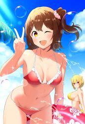  2girls :d ahoge bikini blonde_hair blue_eyes breasts brown_eyes brown_hair bubble cloud frilled_bikini frills hair_ornament hair_scrunchie hairclip highres ibuki_tsubasa idolmaster idolmaster_million_live! idolmaster_million_live!_theater_days karua_(karua23) kasuga_mirai large_breasts looking_at_viewer medium_hair multiple_girls navel one_eye_closed open_mouth outdoors palm_tree red_bikini red_eyes red_innertube scrunchie short_hair side_ponytail sideboob small_breasts smile solo_focus standing swimsuit tree v wet yellow_bikini yellow_innertube 