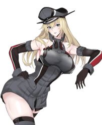  bismarck_(kancolle) blonde_hair blue_eyes breasts commentary_request cowboy_shot detached_sleeves female hand_on_own_hip hat highres kantai_collection looking_at_viewer military_hat open_mouth peaked_cap simple_background smile solo swavigg thighhighs white_background 