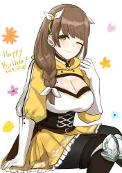  ;) black_pantyhose braid breasts brown_hair cleavage corset female fire_emblem fire_emblem_engage gloves goldmary_(fire_emblem) hair_ribbon hand_up happy_birthday highres large_breasts long_hair looking_at_viewer miniskirt mole mole_on_breast one_eye_closed otokajife pantyhose ribbon sitting skirt smile solo white_gloves white_ribbon yellow_eyes yellow_skirt 