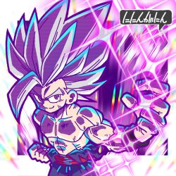  1boy artist_name aura beer_oekaki black_wristband border clenched_hand commentary dragon_ball dragon_ball_super dragon_ball_super_super_hero gohan_beast grey_hair highres looking_to_the_side male_focus muscular muscular_male red_eyes scratches single_bang smile solo son_gohan sparkle spiked_hair topless_male torn_clothes white_border 