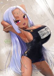  absurdres alternate_breast_size alternate_costume antenna_hair armpits arms_behind_head artist_logo artist_name bare_shoulders black_one-piece_swimsuit blue_hair breasts bursting_breasts character_name cleavage commentary_request cowboy_shot dark-skinned_female dark_elf dark_skin diesel_generator_(ole_tower) elf female forehead highres huge_breasts light_blue_hair long_hair looking_at_viewer nagano_(northern_nine_states) name_tag ole_tower one-piece_swimsuit open_mouth oppai_loli pink_eyes pointy_ears presenting_armpit school_swimsuit shiny_skin smile solo swimsuit undersized_clothes wet 