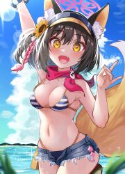  animal_ear_fluff animal_ears arm_up bikini blue_archive blue_sky braid breasts brown_hair cleavage cloud cloudy_sky commentary_request cowboy_shot denim denim_shorts eyeshadow female flower fox_ears fox_girl fox_shadow_puppet fox_tail hair_flower hair_ornament halo highres hitotose_hirune izuna_(blue_archive) izuna_(swimsuit)_(blue_archive) leg_up looking_at_viewer makeup medium_breasts navel pink_eyeshadow red_halo red_scarf scarf scrunchie short_hair short_shorts shorts sky solo standing stomach striped_bikini striped_clothes sunflower sunflower_hair_ornament swimsuit tail visor_cap wrist_scrunchie 