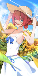  :d absurdres alternate_costume aqua_eyes bare_shoulders blue_sky collarbone cowboy_shot danjin_(wuthering_waves) dress female flower folded_braid hat highres holding holding_clothes holding_hat lens_flare looking_at_viewer one_eye_closed open_mouth outdoors red_hair revision ryeon_(bluetom1) short_hair sky smile solo standing sun_hat sundress sunflower teeth upper_teeth_only white_dress wuthering_waves 