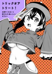  black_hair blush breasts commentary_request cowboy_shot crossed_bangs dorobou-chan female greyscale_with_colored_background halloween hands_up hat highres hip_vent hitotose_hirune jiangshi_costume large_breasts long_hair looking_at_viewer midriff navel nemukata_(dorobou-chan) ofuda open_mouth orange_background polka_dot polka_dot_background qingdai_guanmao solo teeth translation_request underboob upper_teeth_only very_long_sleeves 