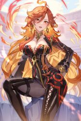  absurdres ahoge black_bikesuit black_gloves breasts cleavage commentary_request female fire genshin_impact gloves hair_between_eyes hand_on_own_hip highres large_breasts long_hair looking_at_viewer mavuika_(genshin_impact) multicolored_hair open_mouth orange_eyes orange_hair pi_tayuko red_hair smile solo sun-shaped_pupils sun_earrings symbol-shaped_pupils two-tone_hair very_long_hair zipper_pull_tab 