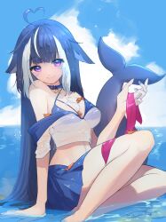  absurdres ahoge animal_ears belt_collar bikini bikini_under_clothes black_hair blue_bikini blue_sky body_markings breasts cetacean_tail chest_tattoo cleavage cloud collar facial_tattoo female fins fish_tail heart heart_ahoge highres horizon indie_virtual_youtuber large_breasts long_hair looking_at_viewer multicolored_hair orca orca_girl pink_ribbon purple_eyes ribbon see-through see-through_shirt shirt shylily shylily_(1st_costume) sky streaked_hair swimsuit tail tanziya_(codlxcold) tattoo virtual_youtuber water whale_girl white_hair 