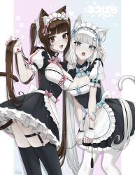  2girls :d :o absurdres animal_ear_fluff animal_ear_piercing animal_ears apron back_bow bandaid bandaid_on_arm bell black_choker black_thighhighs blue_bow blue_eyes blunt_bangs blush bow breast_press breasts brown_eyes brown_hair cat_ears cat_girl cat_tail chain_leash chains character_name chocola_(nekopara) choker choppy_bangs claralukika cleavage cleavage_cutout clothing_cutout commentary copyright_name ear_piercing eyelashes feet_out_of_frame frilled_apron frilled_choker frills glint hair_ornament hairbow heart heart_print highres holding holding_another&#039;s_head holding_chain holding_own_hair hug jingle_bell leash light_blush long_hair looking_at_viewer low_twintails maid maid_apron maid_headdress medium_bangs medium_breasts mouth_piercing multiple_girls nail_polish neck_bell nekopara oerba_yun_fang open_mouth pale_skin paw_print paw_print_pattern piercing pink_bow puffy_short_sleeves puffy_sleeves red_nails short_sleeves simple_background skindentation small_breasts smile standing straight_hair symbol-only_commentary symmetrical_docking tail teeth thigh_strap thighhighs three-toned_background tongue tongue_piercing tsurime twintails two-tone_background upper_teeth_only v_arms vanilla_(nekopara) very_long_hair white_bow white_hair white_thighhighs white_wrist_cuffs wrist_cuffs 