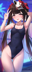  :d absurdres bare_shoulders blue_one-piece_swimsuit breasts brown_hair covered_navel female fox_mask highres honkai:_star_rail honkai_(series) long_hair looking_at_viewer mask mask_on_head one-piece_swimsuit open_mouth pink_eyes small_breasts smile solo sparkle_(honkai:_star_rail) swimsuit tears tetori_(tetolisto) thigh_gap twintails v wet 